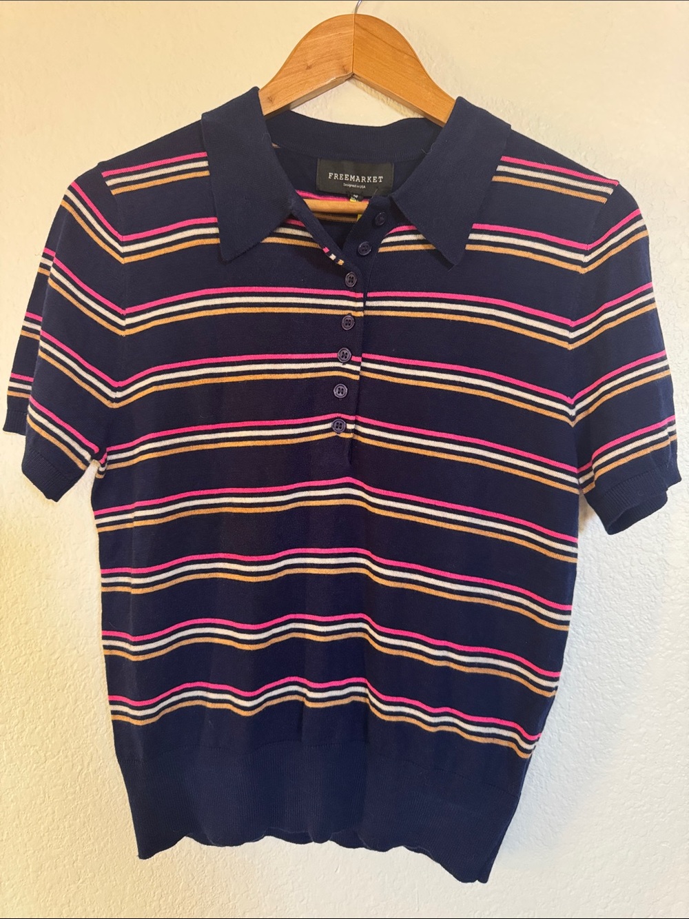 Free Market Navy Polo Top with Pink and Yellow Stripe